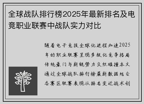 全球战队排行榜2025年最新排名及电竞职业联赛中战队实力对比