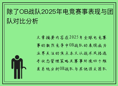 除了OB战队2025年电竞赛事表现与团队对比分析