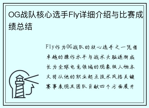 OG战队核心选手Fly详细介绍与比赛成绩总结